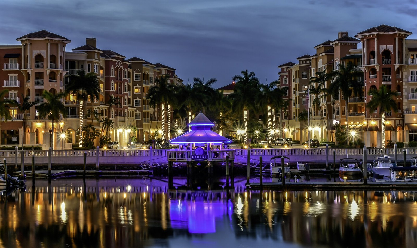 Downtown Naples at dusk from Naples Bay